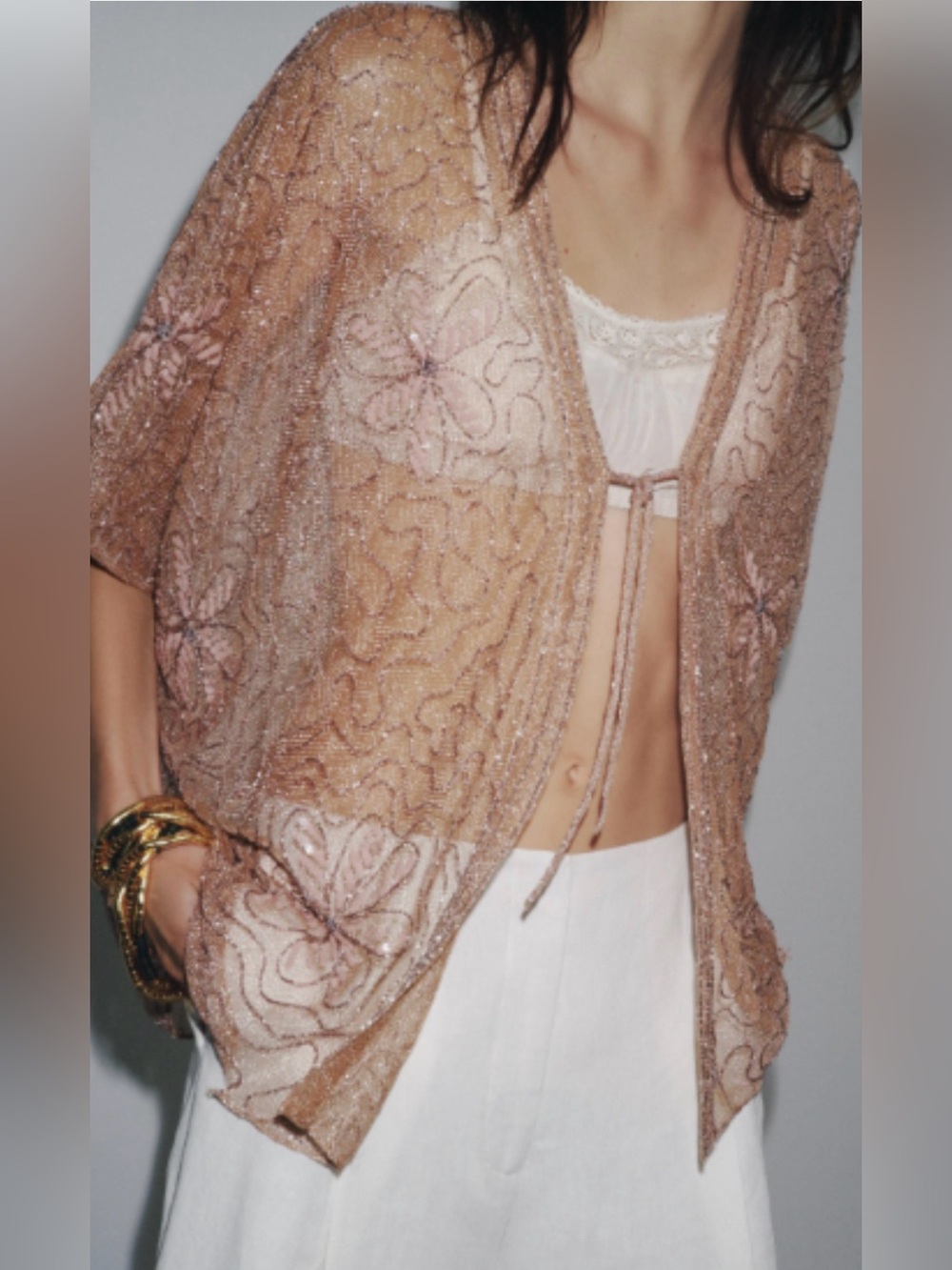 Zara Sequin Beaded Embroidered Kimono Blouse Kaftan Sheer Beige Pink Med - Large
